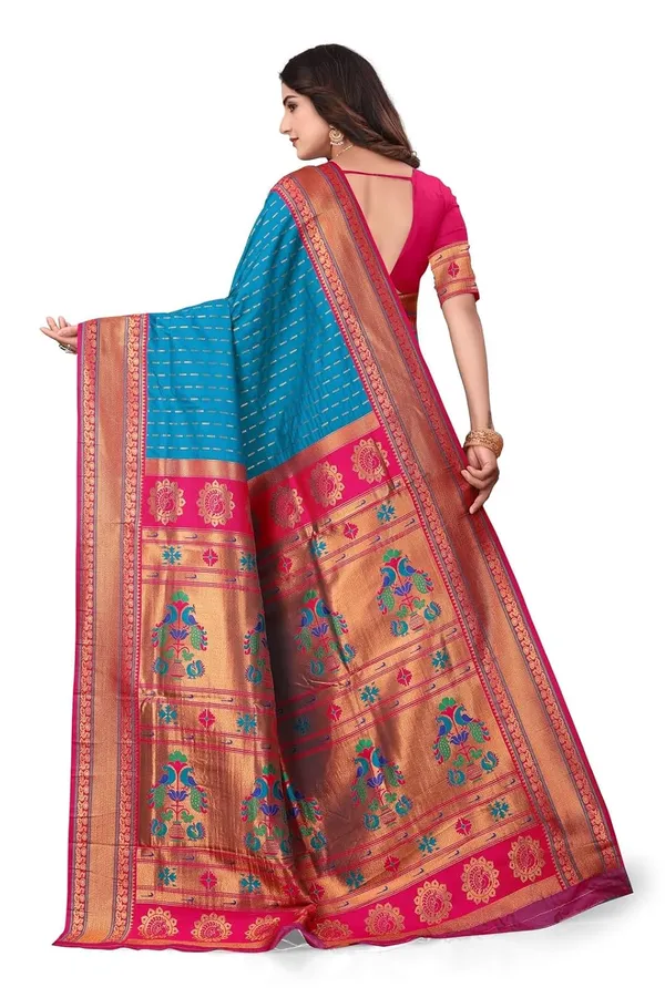 Pure_Silk_Paithani_Saree_with_Rich_Zari_Woven_Border_&_Peacock_Motifs_|_For_Traditional_Wedding_&_Festivals_|_5.5m_Saree_+_0.8m_Blouse_(Peacock_Blue_&_Pink)