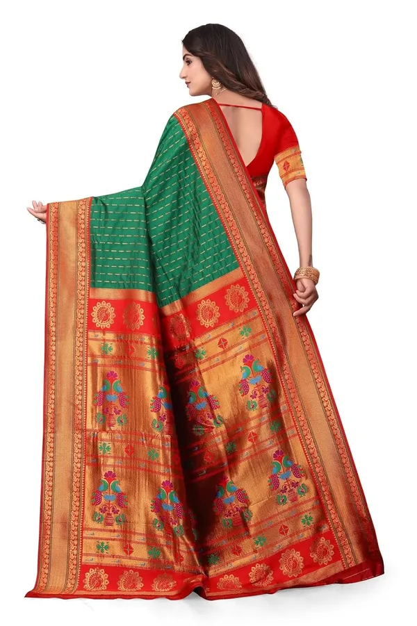 Pure_Silk_Paithani_Saree_with_Rich_Zari_Woven_Border_&_Peacock_Motifs_|_For_Traditional_Wedding_&_Festivals_|_5.5m_Saree_+_0.8m_Blouse_(Bottle_Green_&_Maroon_Red)