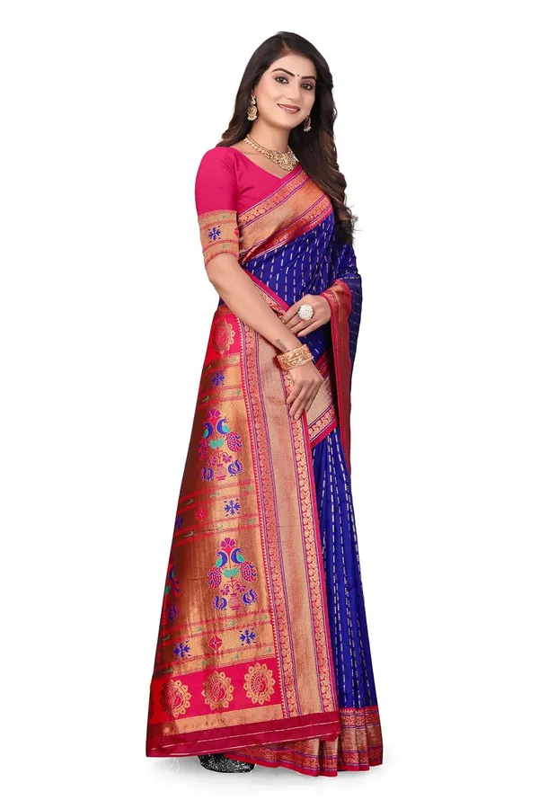 Pure_Silk_Paithani_Saree_with_Rich_Zari_Woven_Border_&_Peacock_Motifs_|_For_Traditional_Wedding_&_Festivals_|_5.5m_Saree_+_0.8m_Blouse_(Violet_Blue_&_Pink)