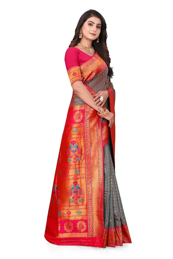 Pure_Silk_Paithani_Saree_with_Rich_Zari_Woven_Border_&_Peacock_Motifs_|_For_Traditional_Wedding_&_Festivals_|_5.5m_Saree_+_0.8m_Blouse_(Reddish_Grey_&_Pink)