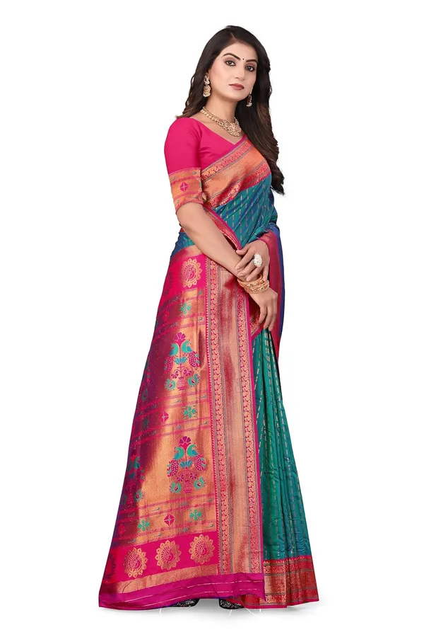 Pure_Silk_Paithani_Saree_with_Rich_Zari_Woven_Border_&_Peacock_Motifs_|_For_Traditional_Wedding_&_Festivals_|_5.5m_Saree_+_0.8m_Blouse_(Aqua_Blue_&_Pink)