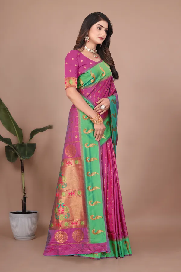Pure_Silk_Paithani_Saree_with_Rich_Zari_Woven_Border_&_Peacock_Motifs_|_For_Traditional_Wedding_&_Festivals_|_5.5m_Saree_+_0.8m_Blouse_(Lavender_&_Green)