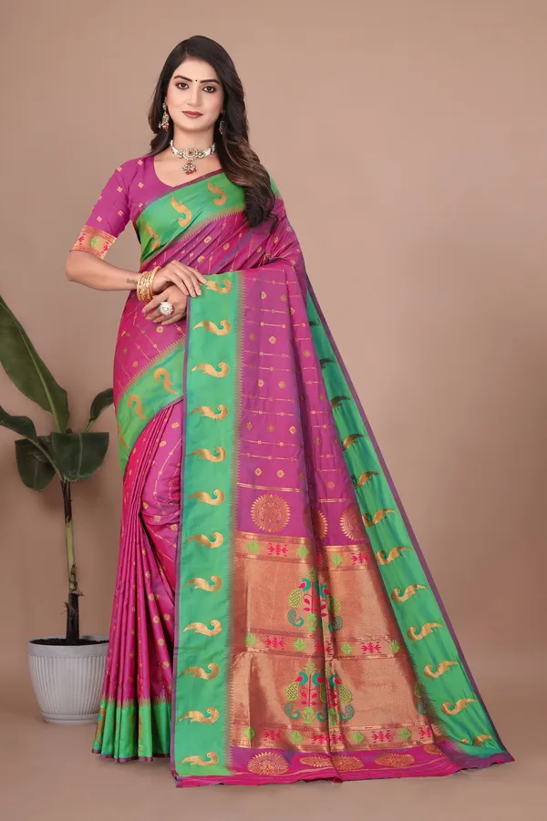 Pure_Silk_Paithani_Saree_with_Rich_Zari_Woven_Border_&_Peacock_Motifs_|_For_Traditional_Wedding_&_Festivals_|_5.5m_Saree_+_0.8m_Blouse_(Lavender_&_Green)