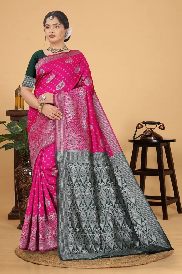 Women's_Banarasi_Silk_Saree_for_Women_|_Traditional_Woven_Saree_with_Contrast_Border_&_Pallu_|_For_Traditional,_Festive_&_Wedding_Saree_with_Blouse_Piece_(Silver_-_Pink_&_Dark_Green)