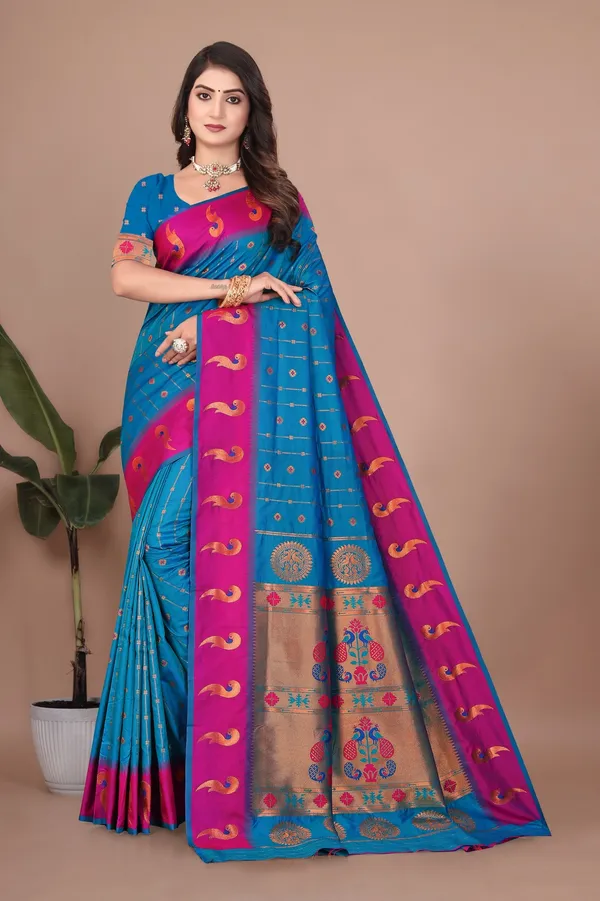 Pure_Silk_Paithani_Saree_with_Rich_Zari_Woven_Border_&_Peacock_Motifs_|_For_Traditional_Wedding_&_Festivals_|_5.5m_Saree_+_0.8m_Blouse_(Sky_Blue_&_Red)