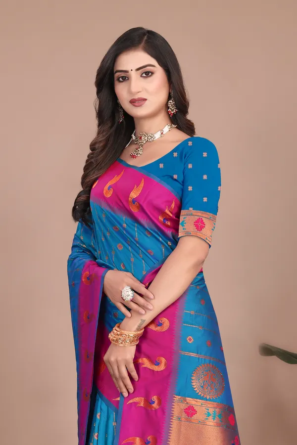Pure_Silk_Paithani_Saree_with_Rich_Zari_Woven_Border_&_Peacock_Motifs_|_For_Traditional_Wedding_&_Festivals_|_5.5m_Saree_+_0.8m_Blouse_(Sky_Blue_&_Red)
