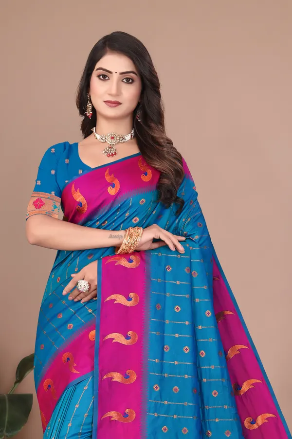 Pure_Silk_Paithani_Saree_with_Rich_Zari_Woven_Border_&_Peacock_Motifs_|_For_Traditional_Wedding_&_Festivals_|_5.5m_Saree_+_0.8m_Blouse_(Sky_Blue_&_Red)