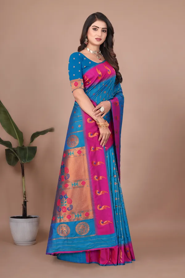 Pure_Silk_Paithani_Saree_with_Rich_Zari_Woven_Border_&_Peacock_Motifs_|_For_Traditional_Wedding_&_Festivals_|_5.5m_Saree_+_0.8m_Blouse_(Sky_Blue_&_Red)