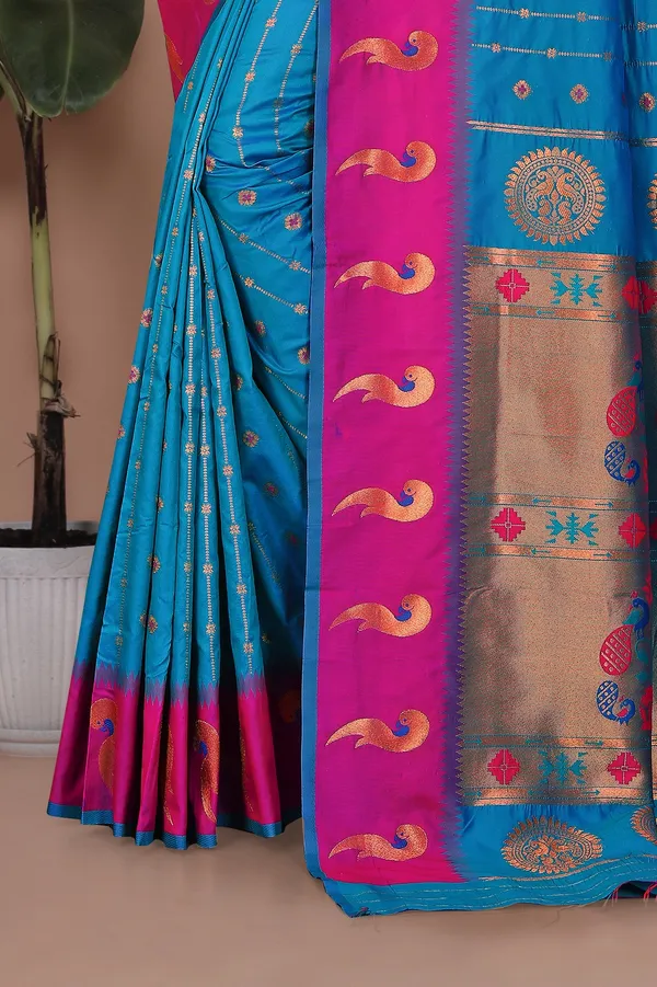 Pure_Silk_Paithani_Saree_with_Rich_Zari_Woven_Border_&_Peacock_Motifs_|_For_Traditional_Wedding_&_Festivals_|_5.5m_Saree_+_0.8m_Blouse_(Sky_Blue_&_Red)