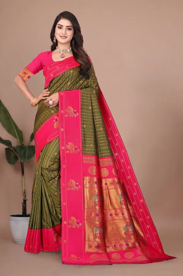 Pure_Silk_Paithani_Saree_with_Rich_Zari_Woven_Border_&_Peacock_Motifs_|_For_Traditional_Wedding_&_Festivals_|_5.5m_Saree_+_0.8m_Blouse_(Mehndi_Green_&_Pink)