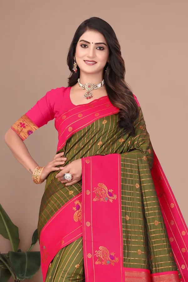 Pure_Silk_Paithani_Saree_with_Rich_Zari_Woven_Border_&_Peacock_Motifs_|_For_Traditional_Wedding_&_Festivals_|_5.5m_Saree_+_0.8m_Blouse_(Mehndi_Green_&_Pink)