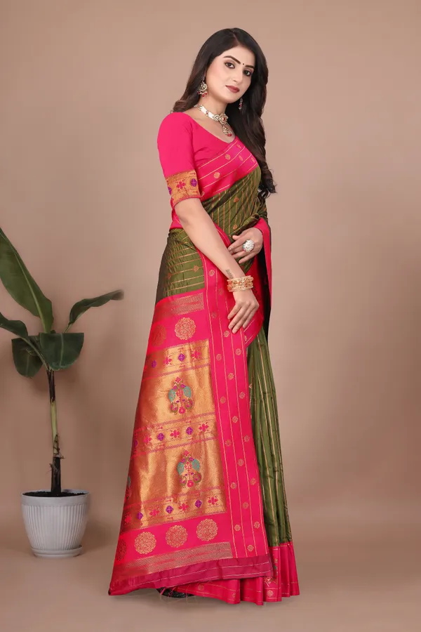 Pure_Silk_Paithani_Saree_with_Rich_Zari_Woven_Border_&_Peacock_Motifs_|_For_Traditional_Wedding_&_Festivals_|_5.5m_Saree_+_0.8m_Blouse_(Mehndi_Green_&_Pink)