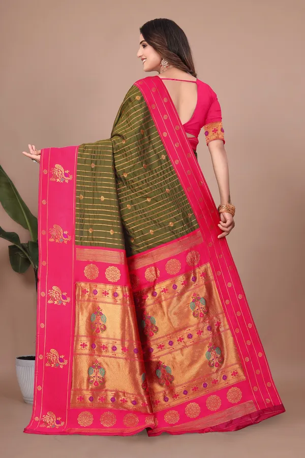 Pure_Silk_Paithani_Saree_with_Rich_Zari_Woven_Border_&_Peacock_Motifs_|_For_Traditional_Wedding_&_Festivals_|_5.5m_Saree_+_0.8m_Blouse_(Mehndi_Green_&_Pink)