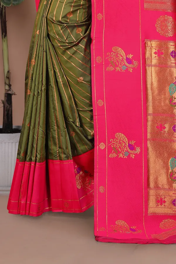 Pure_Silk_Paithani_Saree_with_Rich_Zari_Woven_Border_&_Peacock_Motifs_|_For_Traditional_Wedding_&_Festivals_|_5.5m_Saree_+_0.8m_Blouse_(Mehndi_Green_&_Pink)