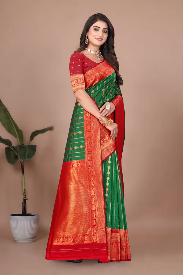 Pure_Silk_Paithani_Saree_with_Rich_Zari_Woven_Border_&_Traditional_Pallu_|_For_Traditional_Wedding_&_Festivals_|_5.5m_Saree_+_0.8m_Blouse_(Bottle_Green_&_Maroon_Red)