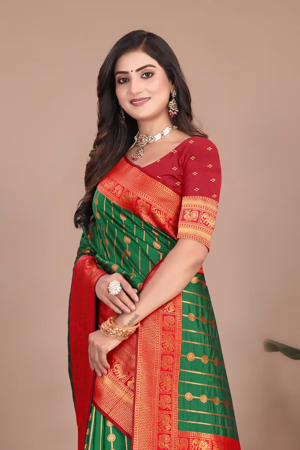 Pure_Silk_Paithani_Saree_with_Rich_Zari_Woven_Border_&_Traditional_Pallu_|_For_Traditional_Wedding_&_Festivals_|_5.5m_Saree_+_0.8m_Blouse_(Bottle_Green_&_Maroon_Red)