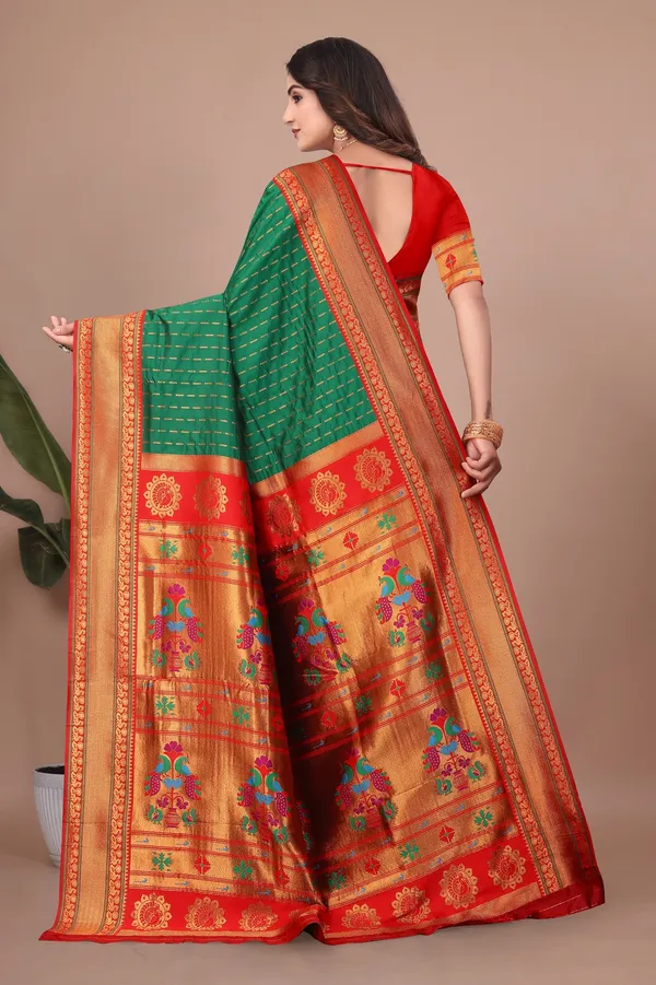 Pure_Silk_Paithani_Saree_with_Rich_Zari_Woven_Border_&_Peacock_Motifs_|_For_Traditional_Wedding_&_Festivals_|_5.5m_Saree_+_0.8m_Blouse_(Bottle_Green_&_Maroon_Red)