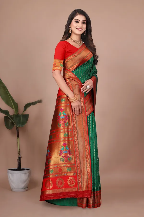 Pure_Silk_Paithani_Saree_with_Rich_Zari_Woven_Border_&_Peacock_Motifs_|_For_Traditional_Wedding_&_Festivals_|_5.5m_Saree_+_0.8m_Blouse_(Bottle_Green_&_Maroon_Red)