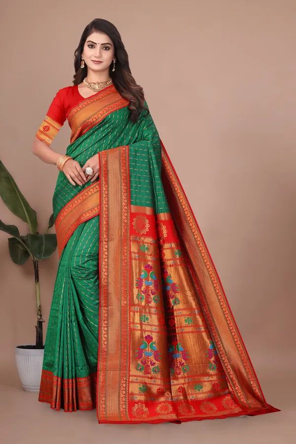 Pure_Silk_Paithani_Saree_with_Rich_Zari_Woven_Border_&_Peacock_Motifs_|_For_Traditional_Wedding_&_Festivals_|_5.5m_Saree_+_0.8m_Blouse_(Bottle_Green_&_Maroon_Red)