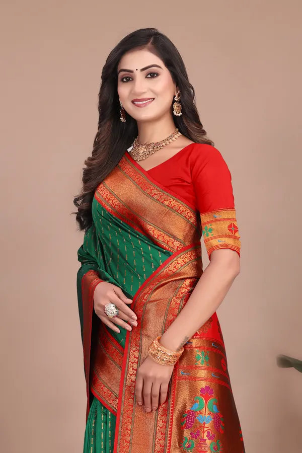 Pure_Silk_Paithani_Saree_with_Rich_Zari_Woven_Border_&_Peacock_Motifs_|_For_Traditional_Wedding_&_Festivals_|_5.5m_Saree_+_0.8m_Blouse_(Bottle_Green_&_Maroon_Red)