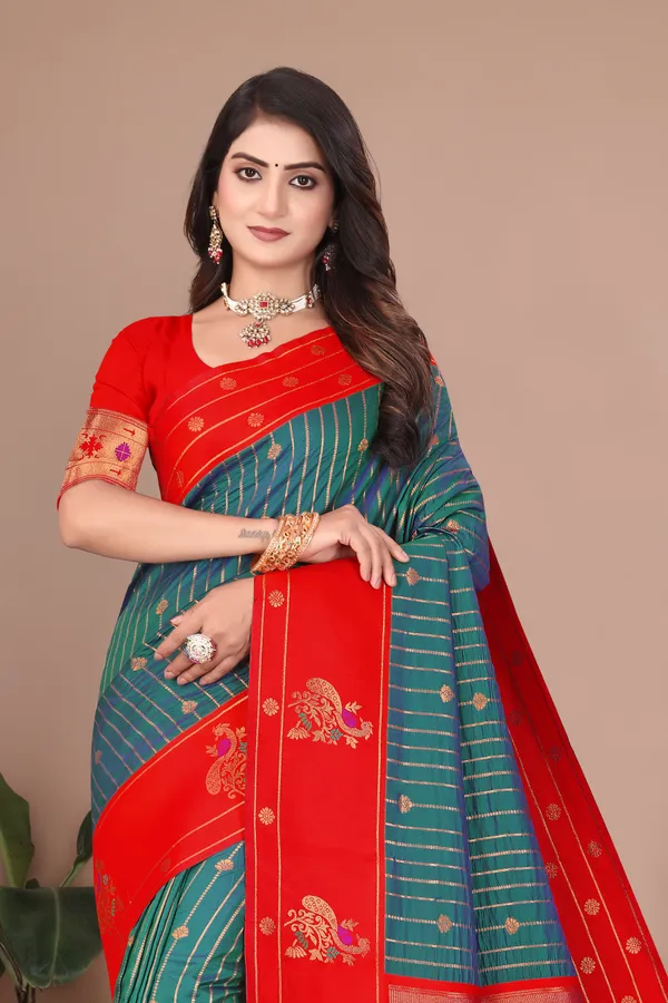 Pure_Silk_Paithani_Saree_with_Rich_Zari_Woven_Border_&_Peacock_Motifs_|_For_Traditional_Wedding_&_Festivals_|_5.5m_Saree_+_0.8m_Blouse_(Jade_Blue_&_Ruby_Red)