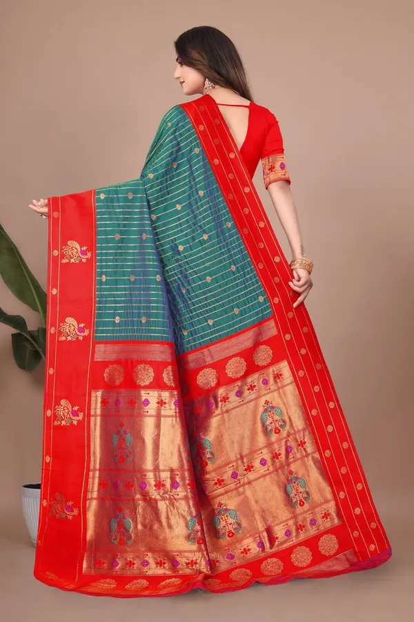 Pure_Silk_Paithani_Saree_with_Rich_Zari_Woven_Border_&_Peacock_Motifs_|_For_Traditional_Wedding_&_Festivals_|_5.5m_Saree_+_0.8m_Blouse_(Jade_Blue_&_Ruby_Red)
