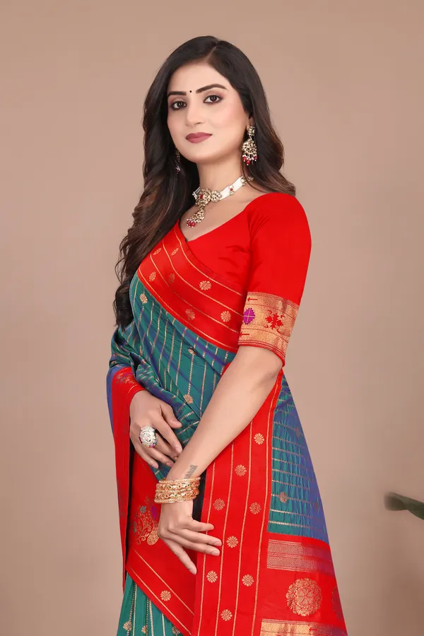 Pure_Silk_Paithani_Saree_with_Rich_Zari_Woven_Border_&_Peacock_Motifs_|_For_Traditional_Wedding_&_Festivals_|_5.5m_Saree_+_0.8m_Blouse_(Jade_Blue_&_Ruby_Red)