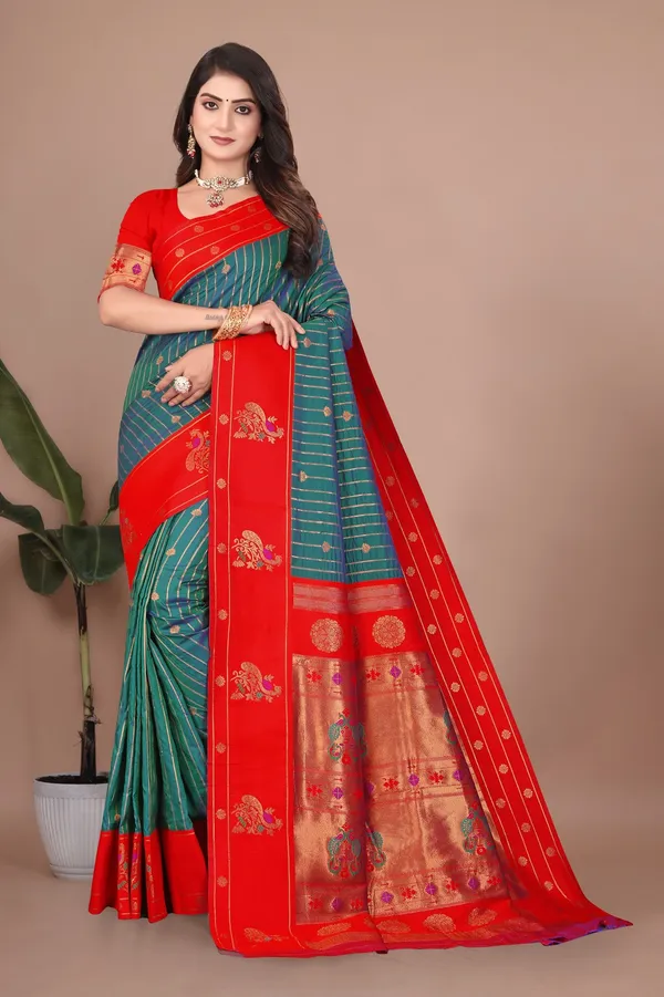 Pure_Silk_Paithani_Saree_with_Rich_Zari_Woven_Border_&_Peacock_Motifs_|_For_Traditional_Wedding_&_Festivals_|_5.5m_Saree_+_0.8m_Blouse_(Jade_Blue_&_Ruby_Red)