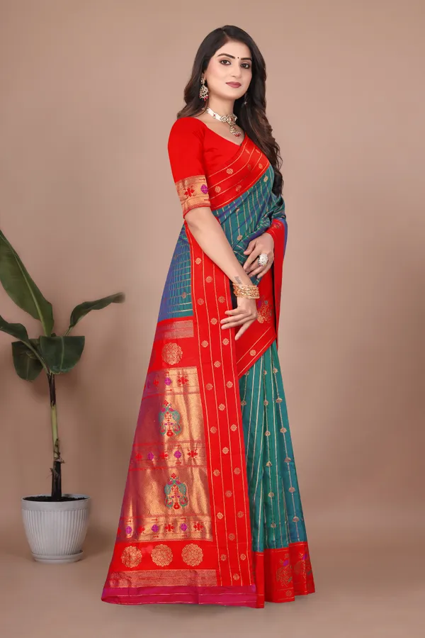 Pure_Silk_Paithani_Saree_with_Rich_Zari_Woven_Border_&_Peacock_Motifs_|_For_Traditional_Wedding_&_Festivals_|_5.5m_Saree_+_0.8m_Blouse_(Jade_Blue_&_Ruby_Red)
