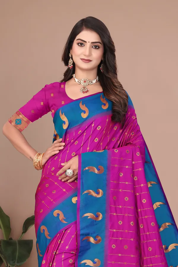 Pure_Silk_Paithani_Saree_with_Rich_Zari_Woven_Border_&_Peacock_Motifs_|_For_Traditional_Wedding_&_Festivals_|_5.5m_Saree_+_0.8m_Blouse_(Purple_&_Blue)
