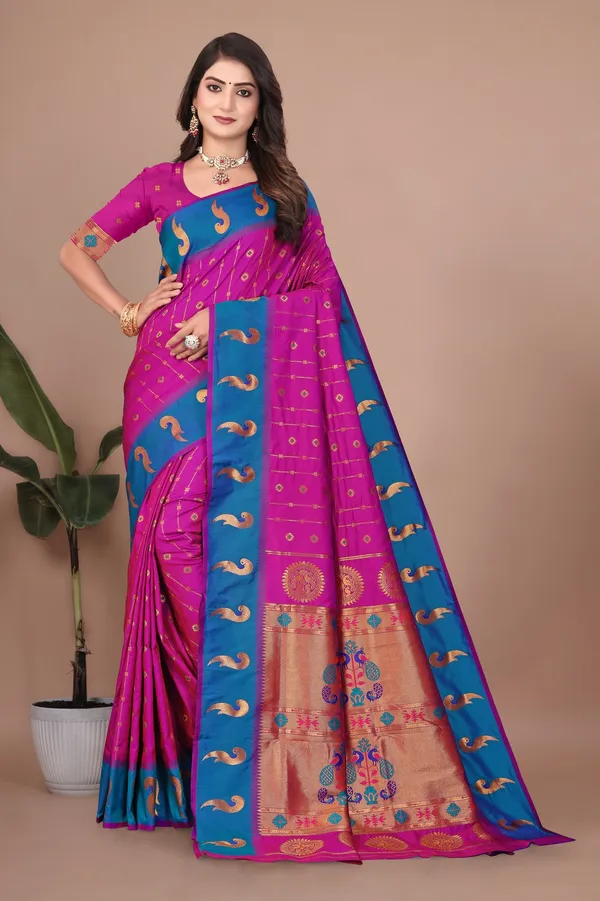 Pure_Silk_Paithani_Saree_with_Rich_Zari_Woven_Border_&_Peacock_Motifs_|_For_Traditional_Wedding_&_Festivals_|_5.5m_Saree_+_0.8m_Blouse_(Purple_&_Blue)