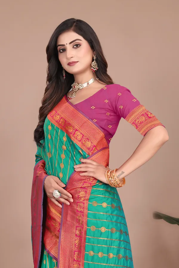 Pure_Silk_Paithani_Saree_with_Rich_Zari_Woven_Border_&_Traditional_Pallu_|_For_Traditional_Wedding_&_Festivals_|_5.5m_Saree_+_0.8m_Blouse_(Aqua_Green_&_Magenta)