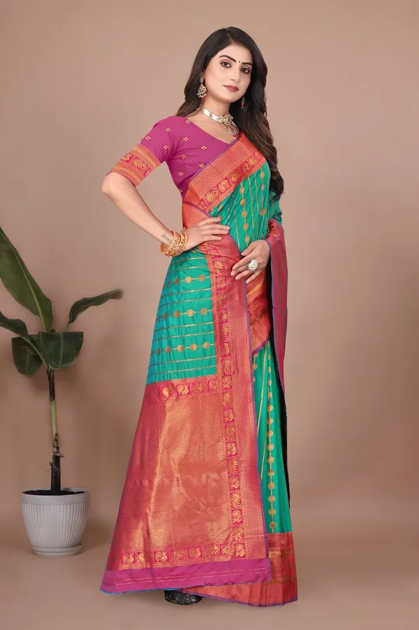 Pure_Silk_Paithani_Saree_with_Rich_Zari_Woven_Border_&_Traditional_Pallu_|_For_Traditional_Wedding_&_Festivals_|_5.5m_Saree_+_0.8m_Blouse_(Aqua_Green_&_Magenta)