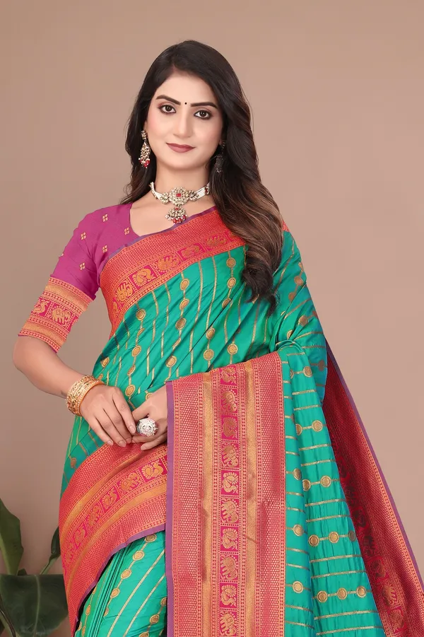 Pure_Silk_Paithani_Saree_with_Rich_Zari_Woven_Border_&_Traditional_Pallu_|_For_Traditional_Wedding_&_Festivals_|_5.5m_Saree_+_0.8m_Blouse_(Aqua_Green_&_Magenta)