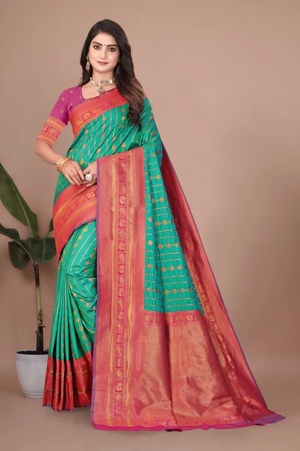 Pure_Silk_Paithani_Saree_with_Rich_Zari_Woven_Border_&_Traditional_Pallu_|_For_Traditional_Wedding_&_Festivals_|_5.5m_Saree_+_0.8m_Blouse_(Aqua_Green_&_Magenta)