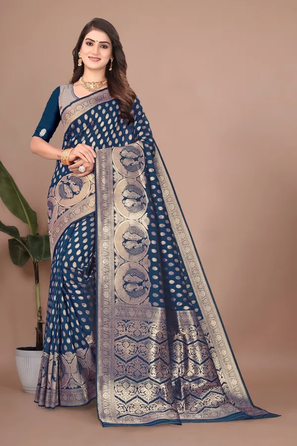 Banarasi_Silk_Saree_with_Gold_&_Silver_Zari_for_Women_|_For_Traditional_Wedding_&_Festivals_|_5.5m_Saree_+_0.8m_Blouse_(Dark_Blue)