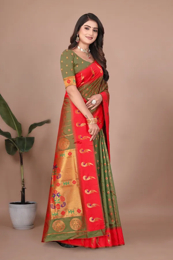 Pure_Silk_Paithani_Saree_with_Rich_Zari_Woven_Border_&_Peacock_Motifs_|_For_Traditional_Wedding_&_Festivals_|_5.5m_Saree_+_0.8m_Blouse_(Pastel_Green_&_Red)
