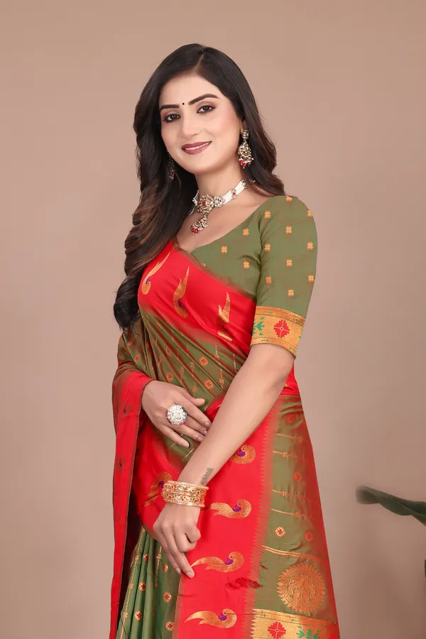 Pure_Silk_Paithani_Saree_with_Rich_Zari_Woven_Border_&_Peacock_Motifs_|_For_Traditional_Wedding_&_Festivals_|_5.5m_Saree_+_0.8m_Blouse_(Pastel_Green_&_Red)