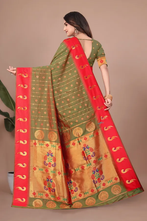 Pure_Silk_Paithani_Saree_with_Rich_Zari_Woven_Border_&_Peacock_Motifs_|_For_Traditional_Wedding_&_Festivals_|_5.5m_Saree_+_0.8m_Blouse_(Pastel_Green_&_Red)