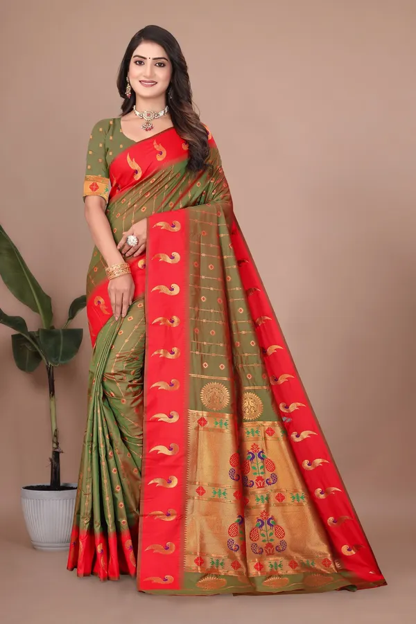 Pure_Silk_Paithani_Saree_with_Rich_Zari_Woven_Border_&_Peacock_Motifs_|_For_Traditional_Wedding_&_Festivals_|_5.5m_Saree_+_0.8m_Blouse_(Pastel_Green_&_Red)