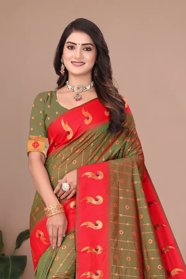 Pure_Silk_Paithani_Saree_with_Rich_Zari_Woven_Border_&_Peacock_Motifs_|_For_Traditional_Wedding_&_Festivals_|_5.5m_Saree_+_0.8m_Blouse_(Pastel_Green_&_Red)