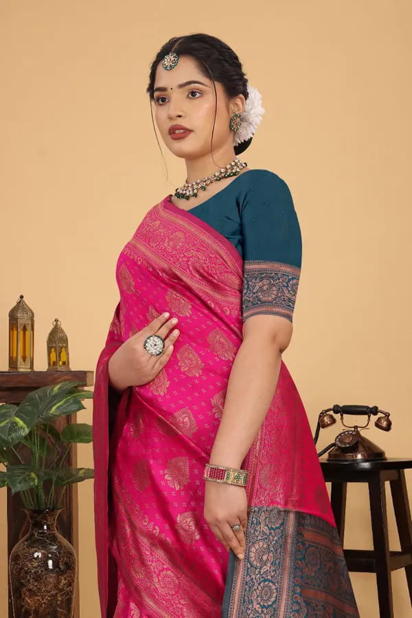 Women's_Banarasi_Silk_Saree_for_Women_|_Traditional_Woven_Saree_with_Contrast_Border_&_Pallu_|_For_Traditional,_Festive_&_Wedding_Saree_with_Blouse_Piece_(Gold_-_Pink_&_Dark_Green)