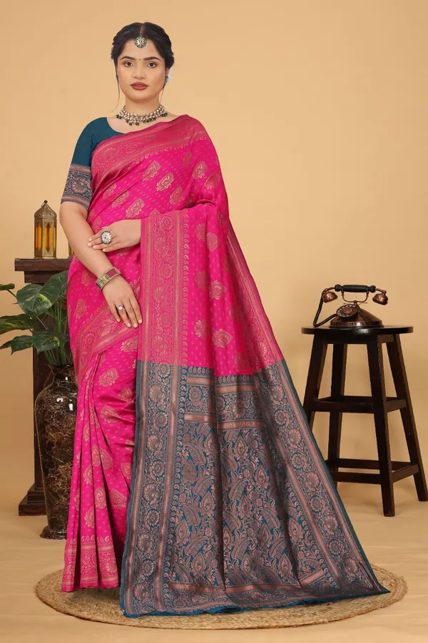 Women's_Banarasi_Silk_Saree_for_Women_|_Traditional_Woven_Saree_with_Contrast_Border_&_Pallu_|_For_Traditional,_Festive_&_Wedding_Saree_with_Blouse_Piece_(Gold_-_Pink_&_Dark_Green)
