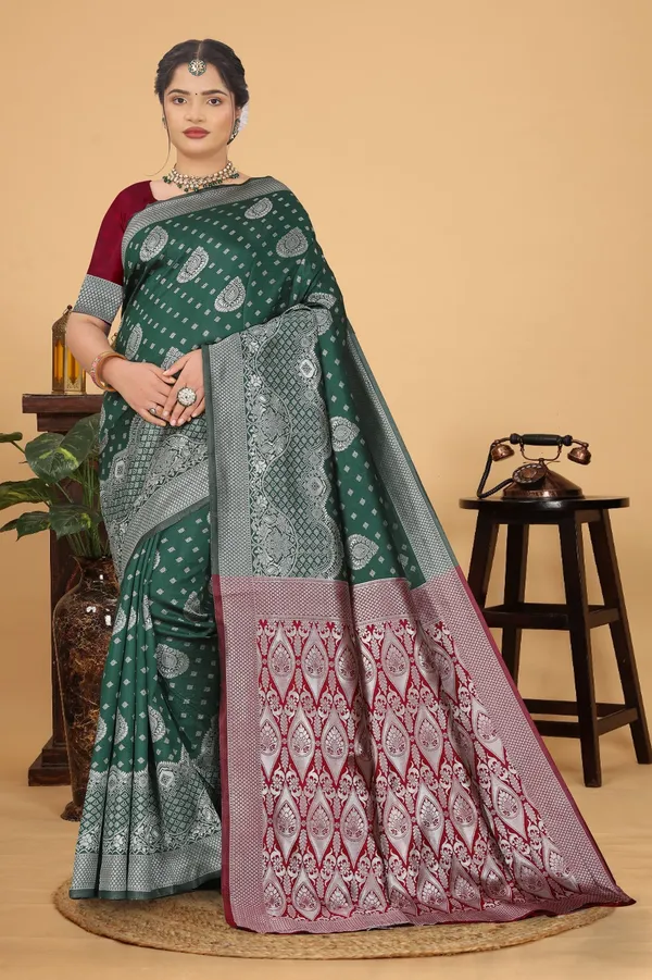 Women's_Banarasi_Silk_Saree_for_Women_|_Traditional_Woven_Saree_with_Contrast_Border_&_Pallu_|_For_Traditional,_Festive_&_Wedding_Saree_with_Blouse_Piece_(Silver_-_Dark_Green_&_Red)