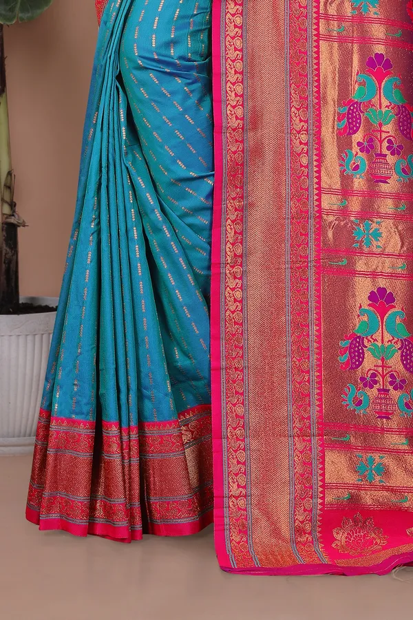 Pure_Silk_Paithani_Saree_with_Rich_Zari_Woven_Border_&_Peacock_Motifs_|_For_Traditional_Wedding_&_Festivals_|_5.5m_Saree_+_0.8m_Blouse_(Sky_Blue_&_Pink)