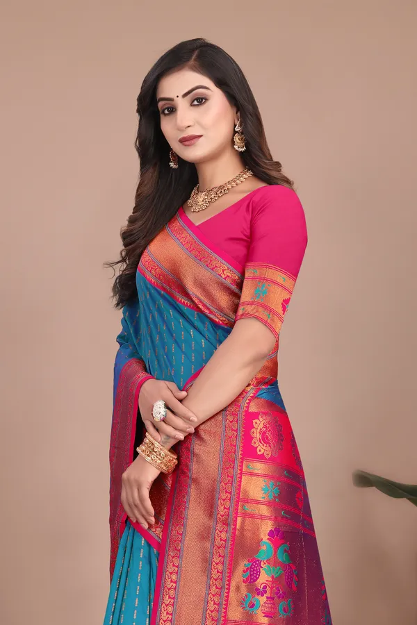Pure_Silk_Paithani_Saree_with_Rich_Zari_Woven_Border_&_Peacock_Motifs_|_For_Traditional_Wedding_&_Festivals_|_5.5m_Saree_+_0.8m_Blouse_(Sky_Blue_&_Pink)