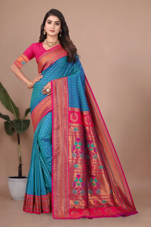 Pure_Silk_Paithani_Saree_with_Rich_Zari_Woven_Border_&_Peacock_Motifs_|_For_Traditional_Wedding_&_Festivals_|_5.5m_Saree_+_0.8m_Blouse_(Sky_Blue_&_Pink)