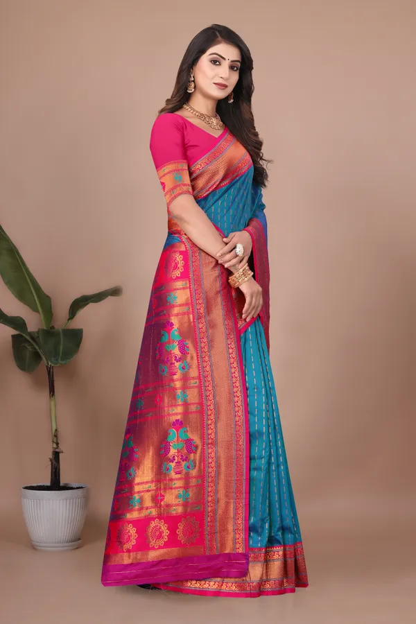Pure_Silk_Paithani_Saree_with_Rich_Zari_Woven_Border_&_Peacock_Motifs_|_For_Traditional_Wedding_&_Festivals_|_5.5m_Saree_+_0.8m_Blouse_(Sky_Blue_&_Pink)