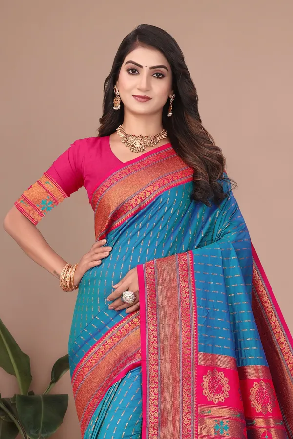 Pure_Silk_Paithani_Saree_with_Rich_Zari_Woven_Border_&_Peacock_Motifs_|_For_Traditional_Wedding_&_Festivals_|_5.5m_Saree_+_0.8m_Blouse_(Sky_Blue_&_Pink)