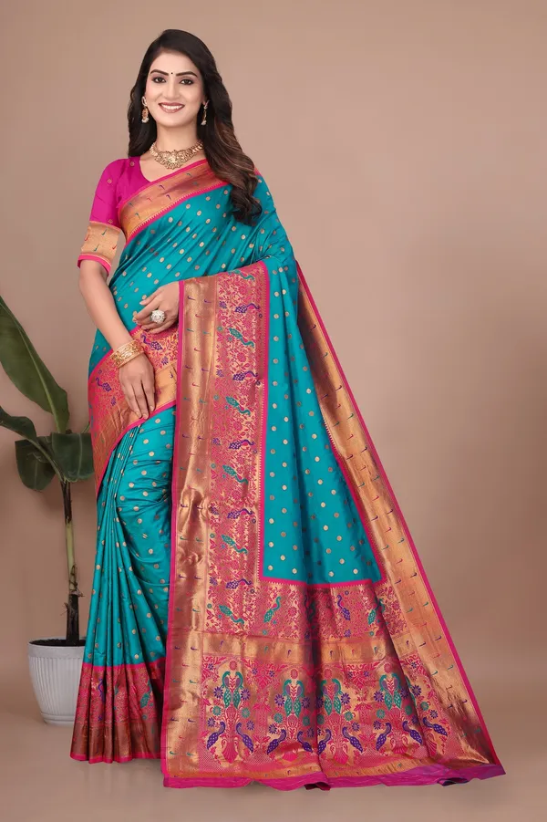 Pure_Silk_Paithani_Saree_with_Rich_Zari_Woven_Border_&_Peacock_Motifs_|_For_Traditional_Wedding_&_Festivals_|_5.5m_Saree_+_0.8m_Blouse_(Teal_Blue)